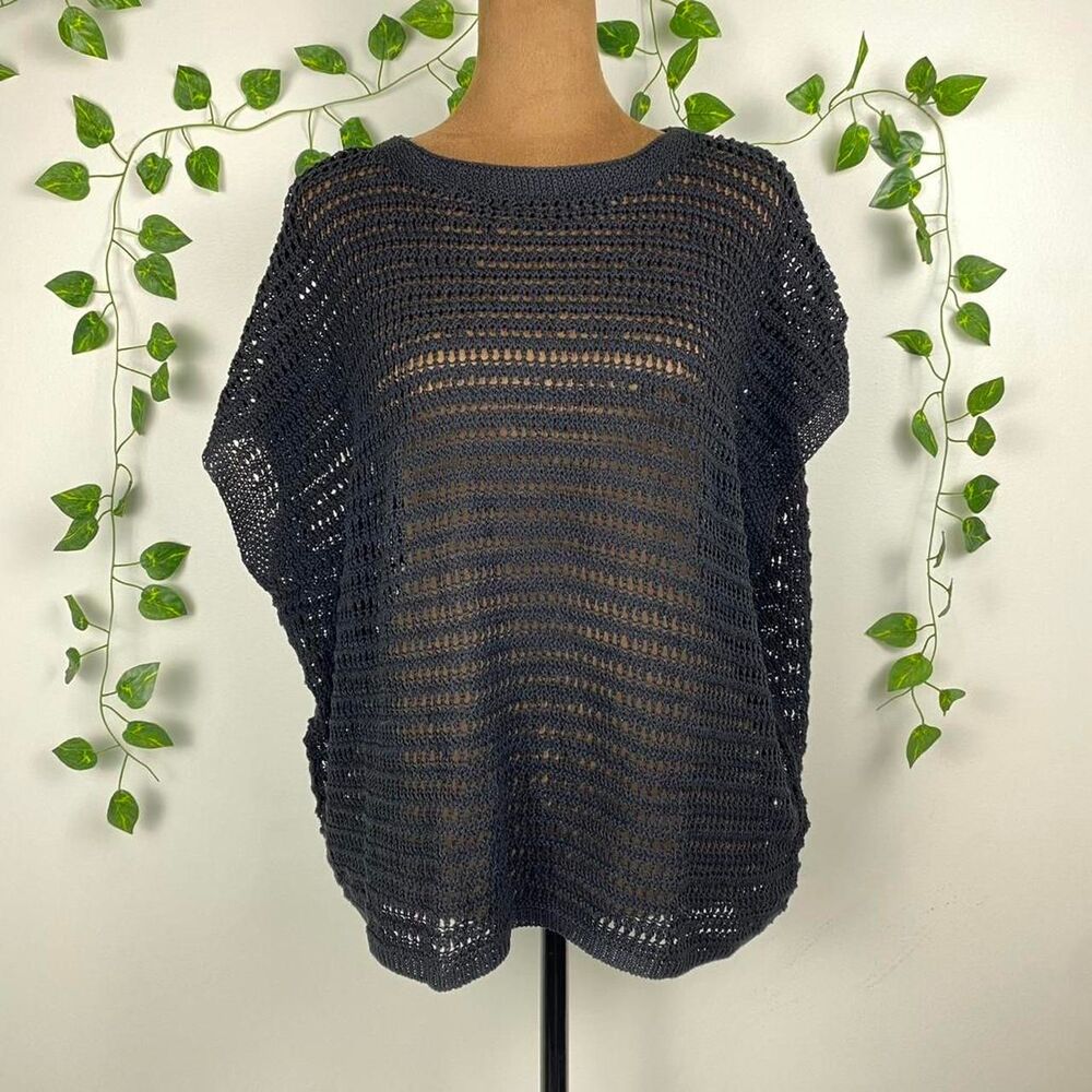 Black crochet knit short sleeve sweater top grunge alt indie sheer mesh rave top
